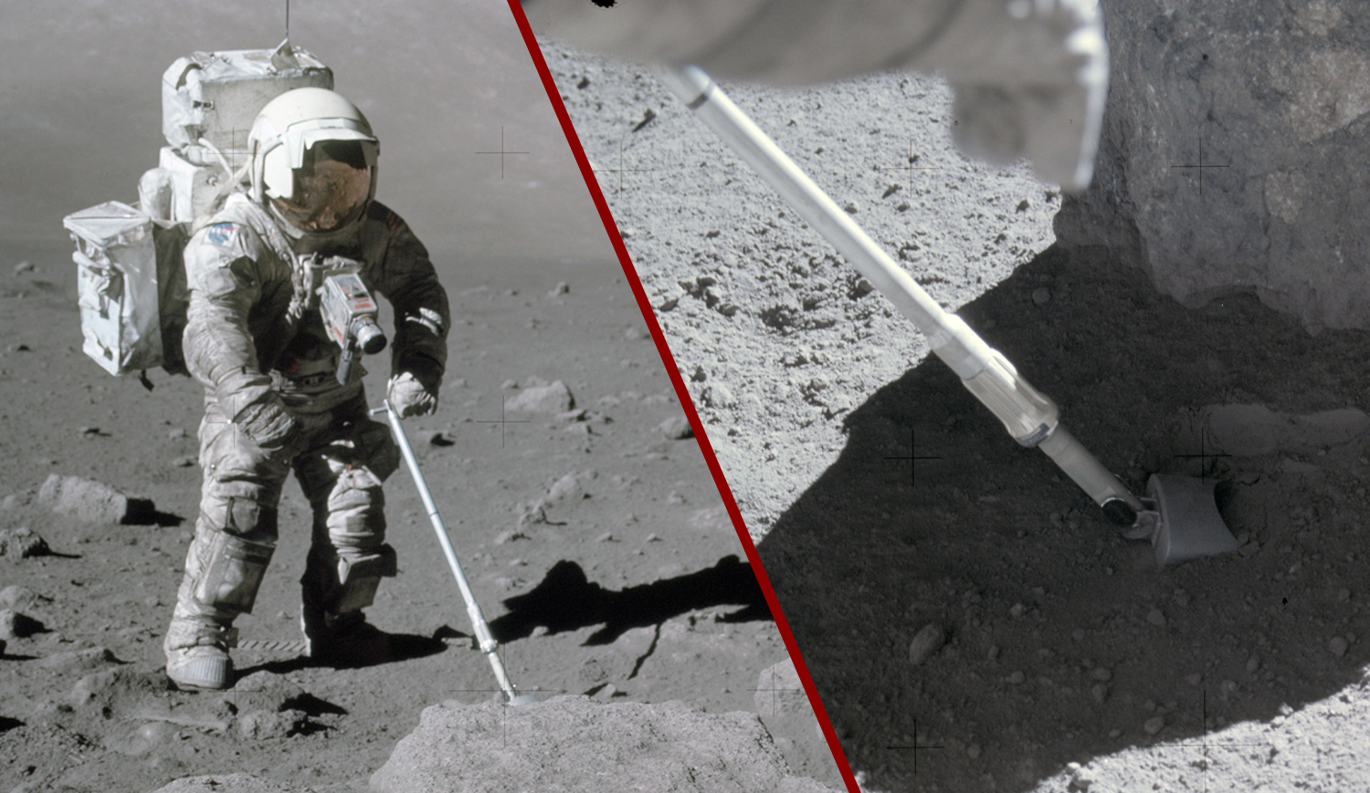 An astronaut in a space suit stands on the lunar surface and collects dust alongside a closeup of the instrument the astronaut is using.