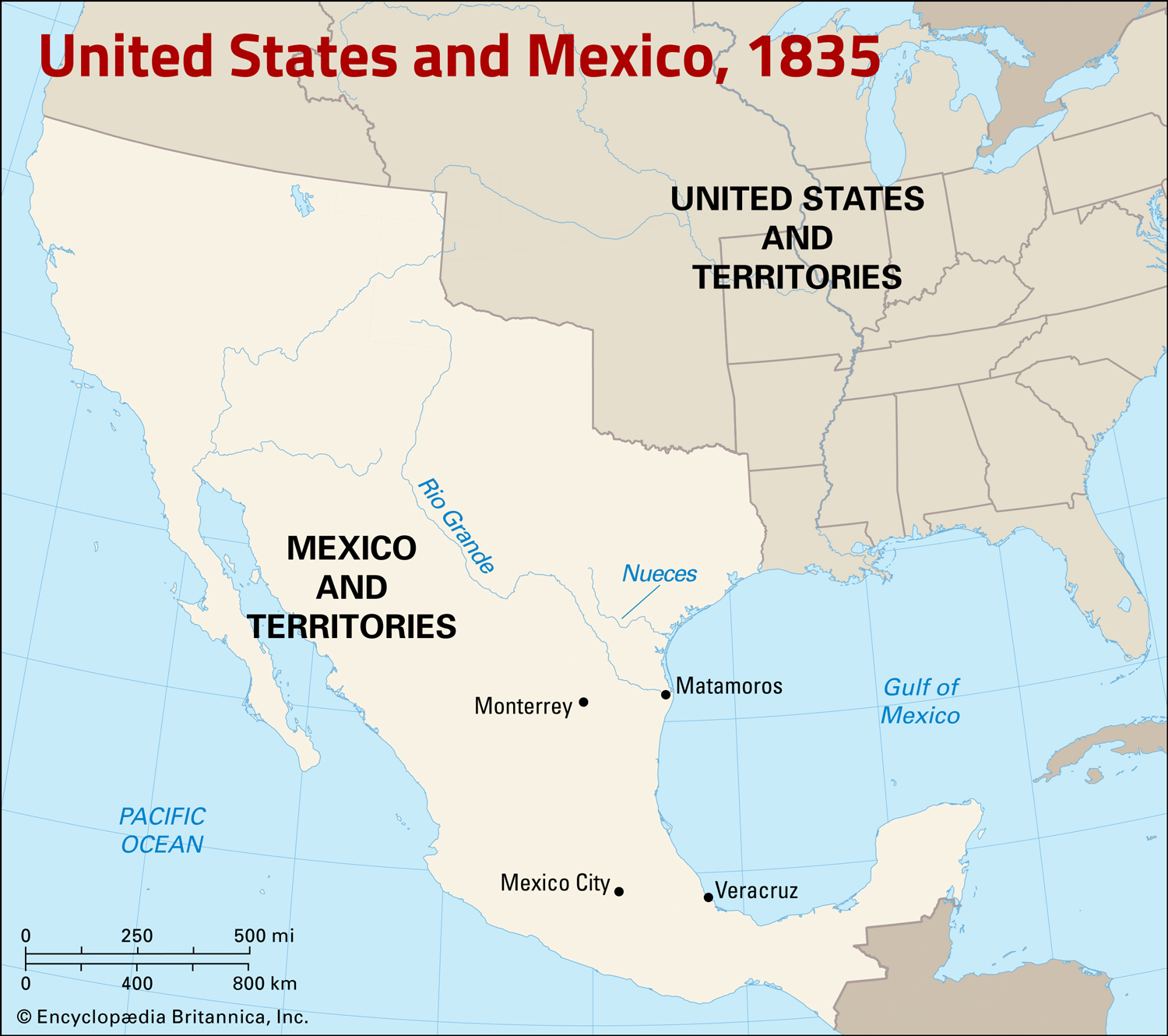 A map shows the countries and territories of the United States and Mexico in 1835.