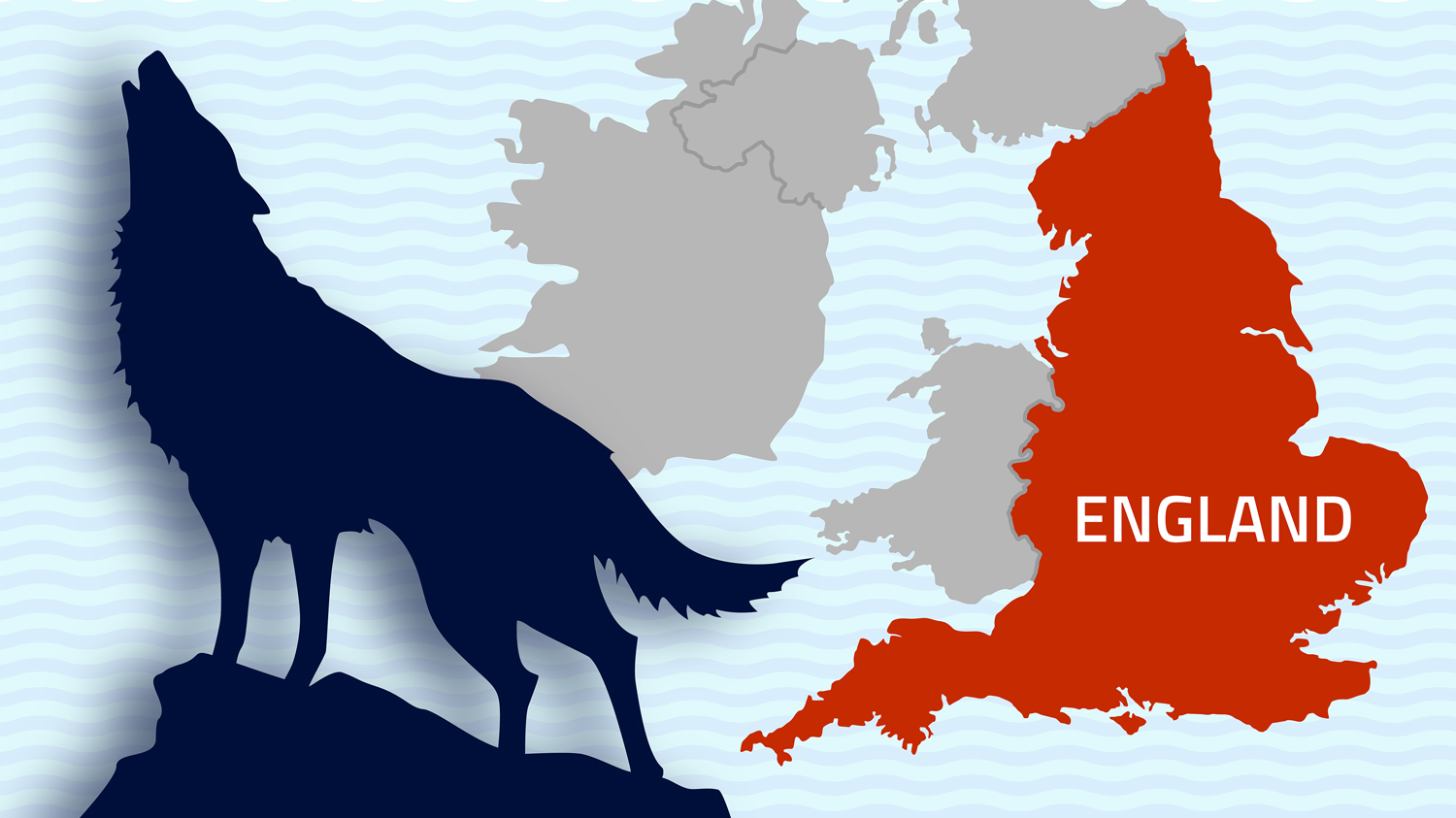 A map of Great Britain and Ireland with England colored in red and a silhouette of a howling wolf.