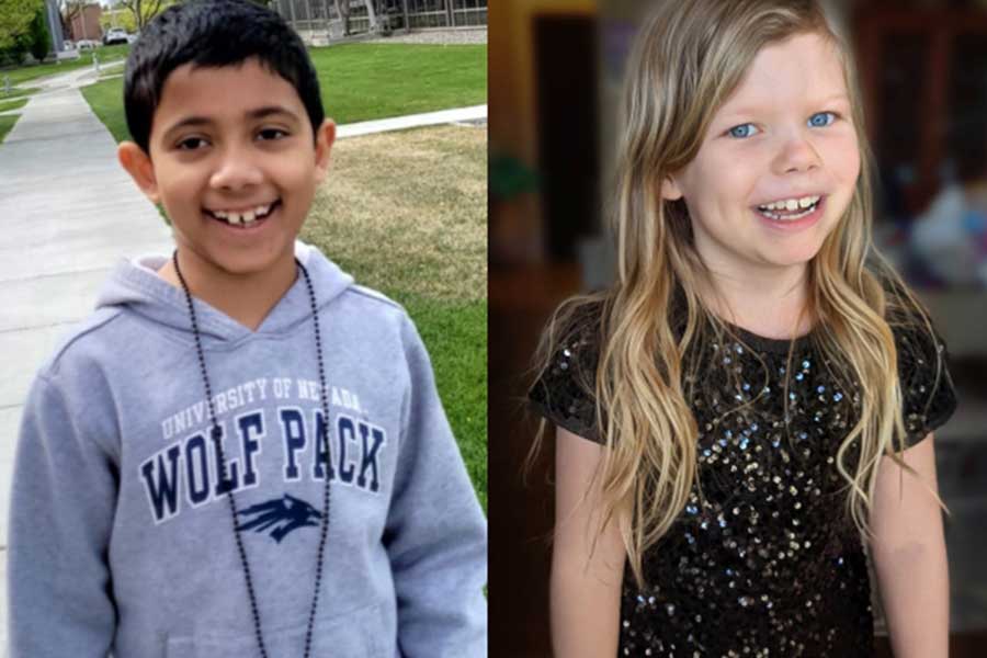 Side by side photos of a girl and a boy smiling.