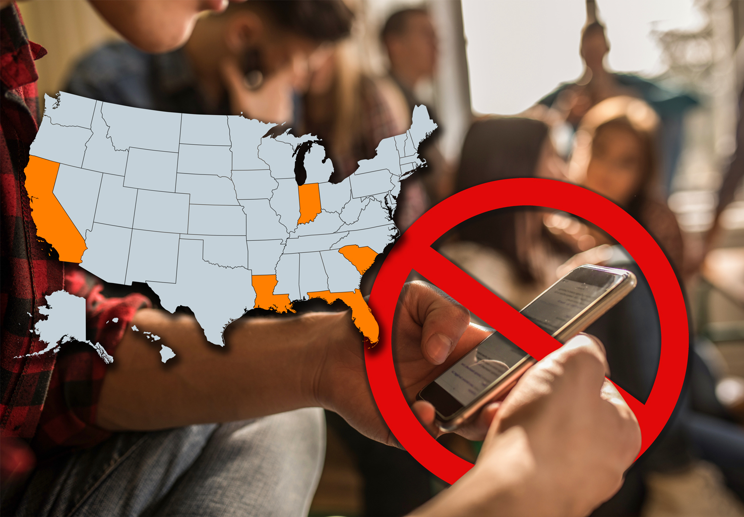 Map of the United States highlighting five states where cell phone use is limited in schools.