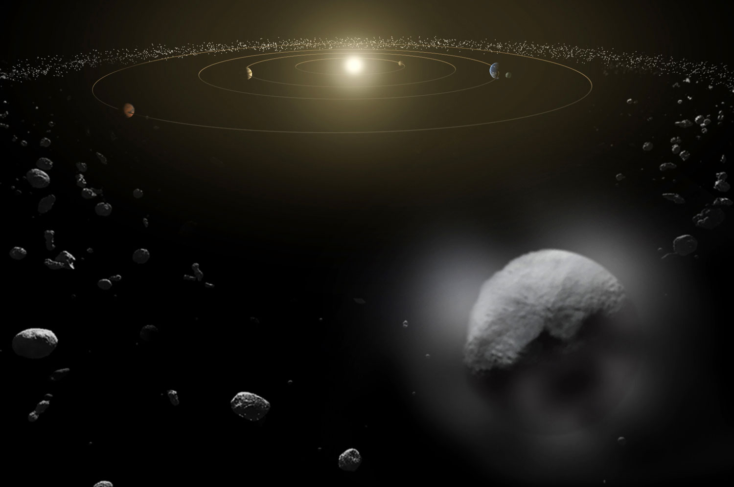 Illustration of the solar system and the asteroid belt, with a large asteroid in the foreground.