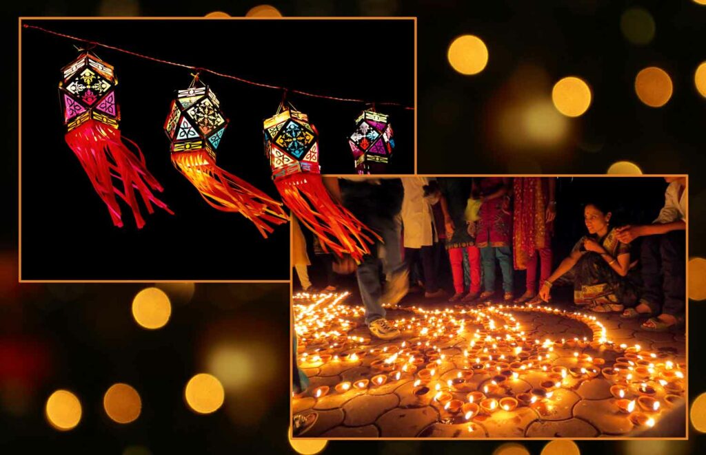 Four colorful lanterns hanging and lights running along the ground with people sitting and standing next to them.