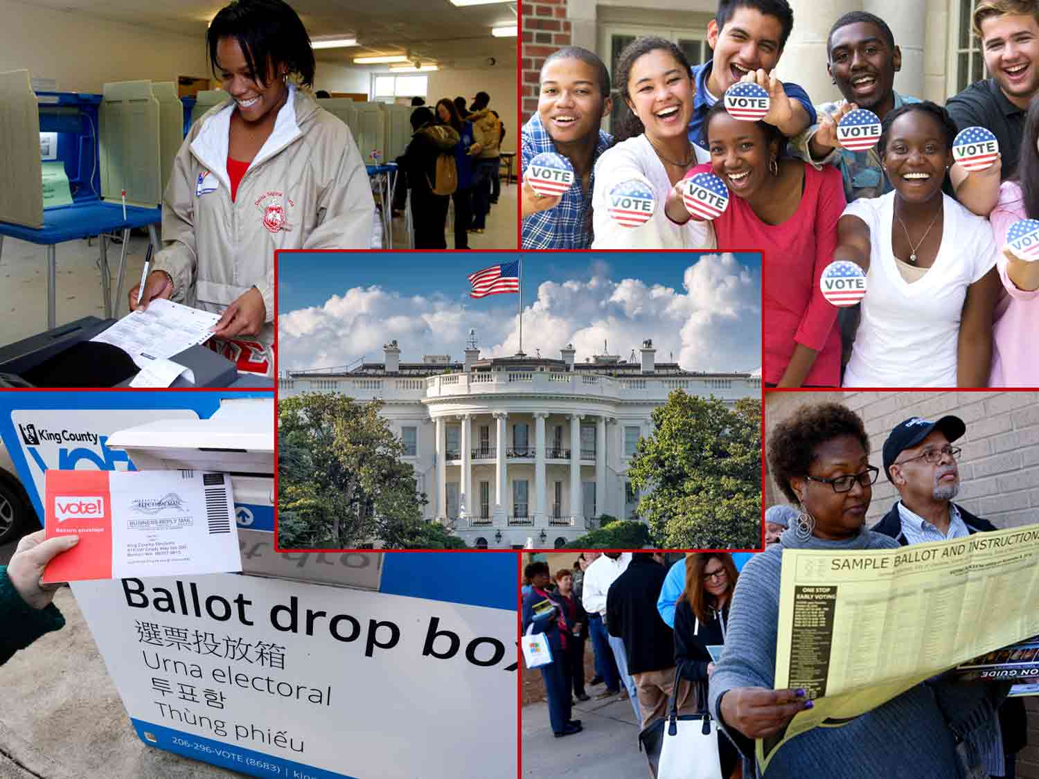 Five photos show the White House, someone feeding a ballot into a machine, young voters with Vote buttons, a person dropping a ballot into a box, and a woman reading a sample ballot.