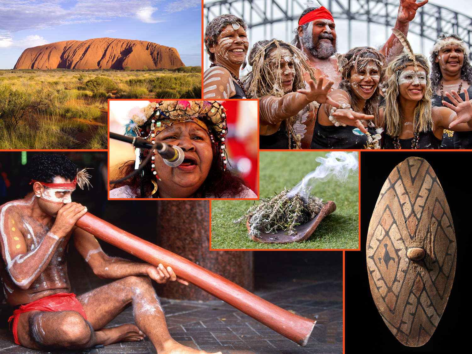 Uluru, an Indigenous man playing a didgeridoo, Indigenous dancers, and Indigenous singer, a rainforest shield, and a plant burning during s smoking ceremony.