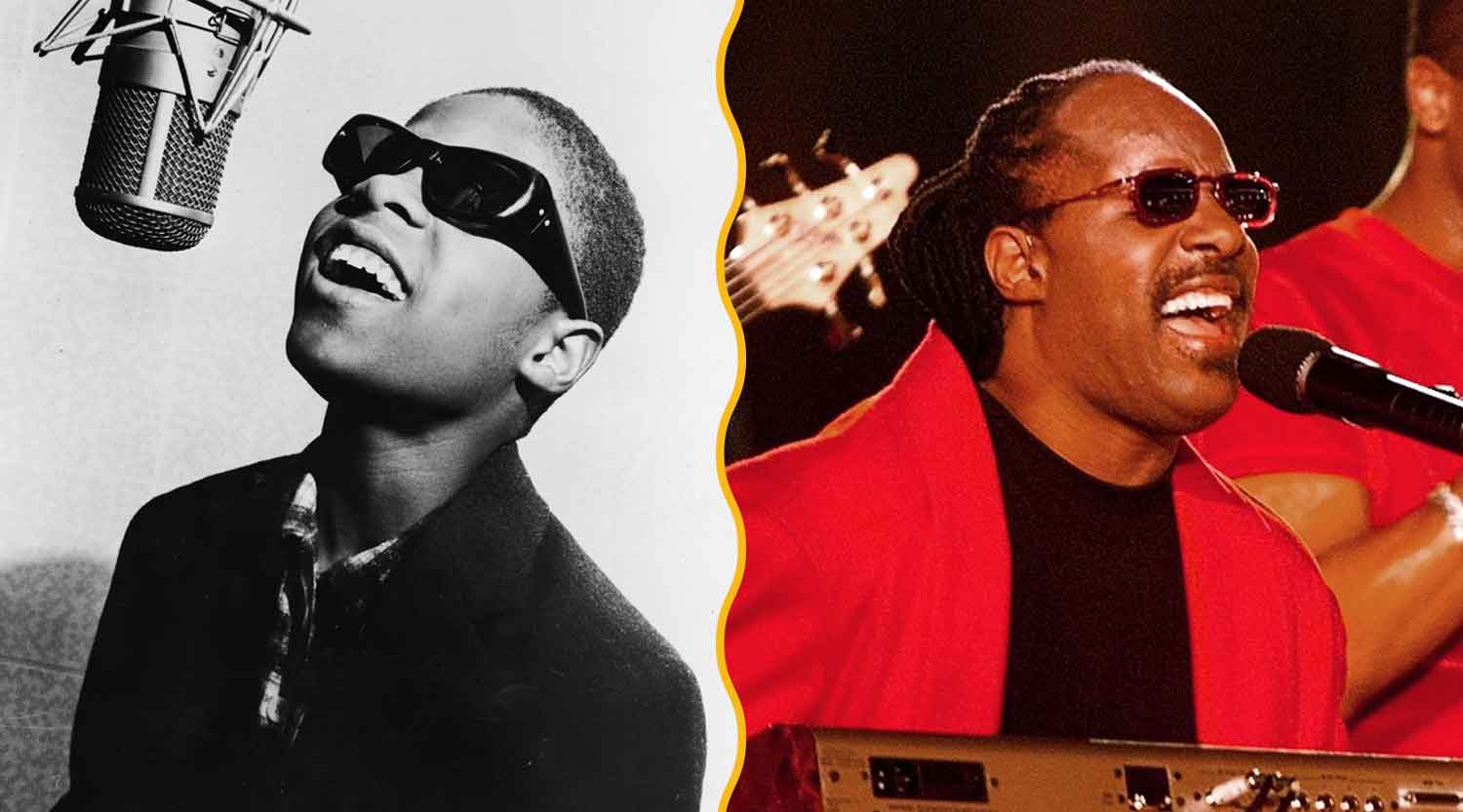 Side by side photos of Stevie Wonder singing as a child and as an adult.