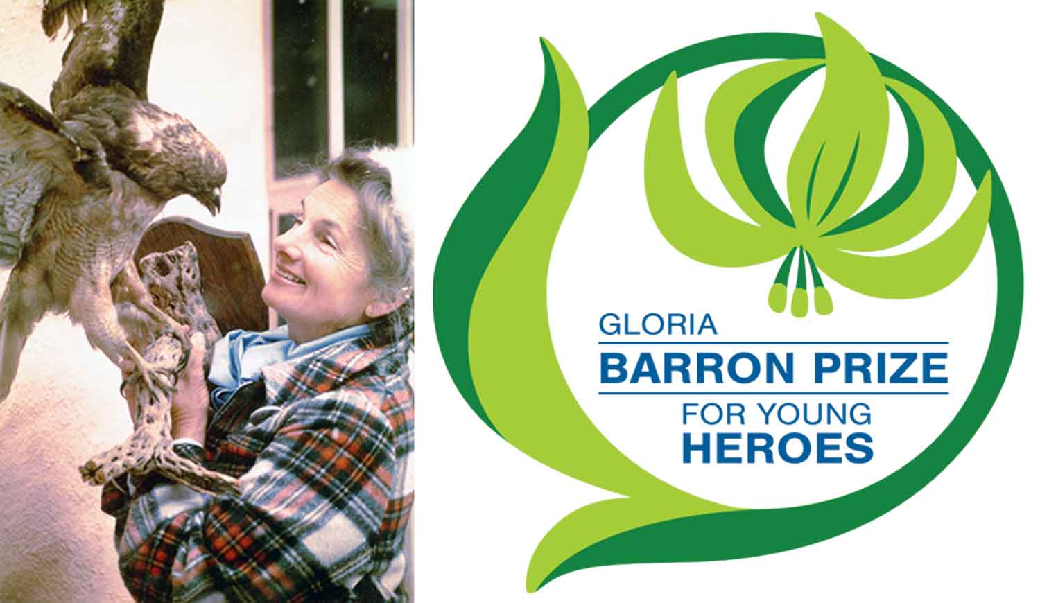 Gloria Barron with a large bird next to the logo for the hero awards.