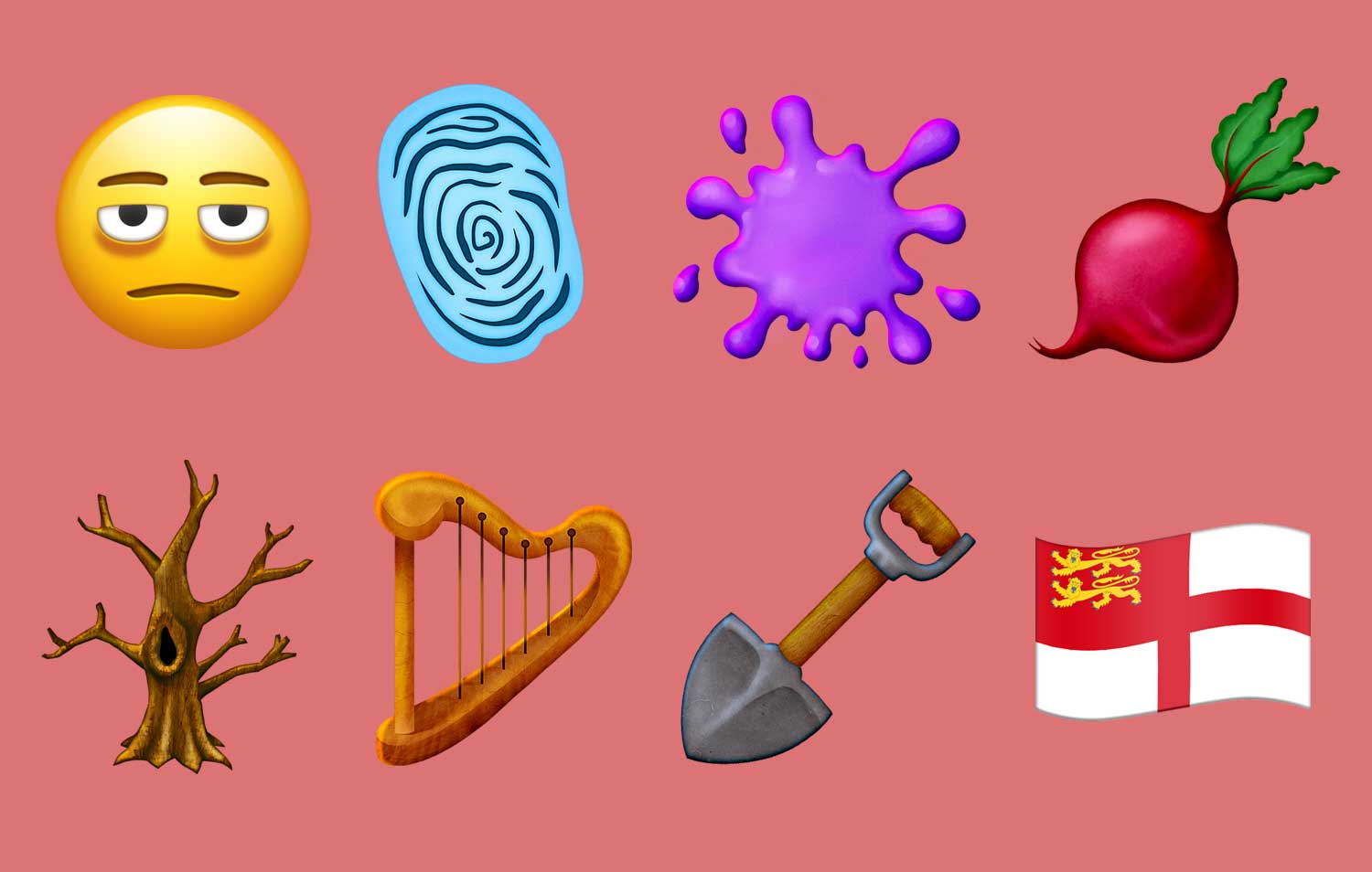 Sample emoji designs including a tired face, a thumbprint, a purple splat, a root vegetable, a dead tree, a harp, a shovel, and a flag.