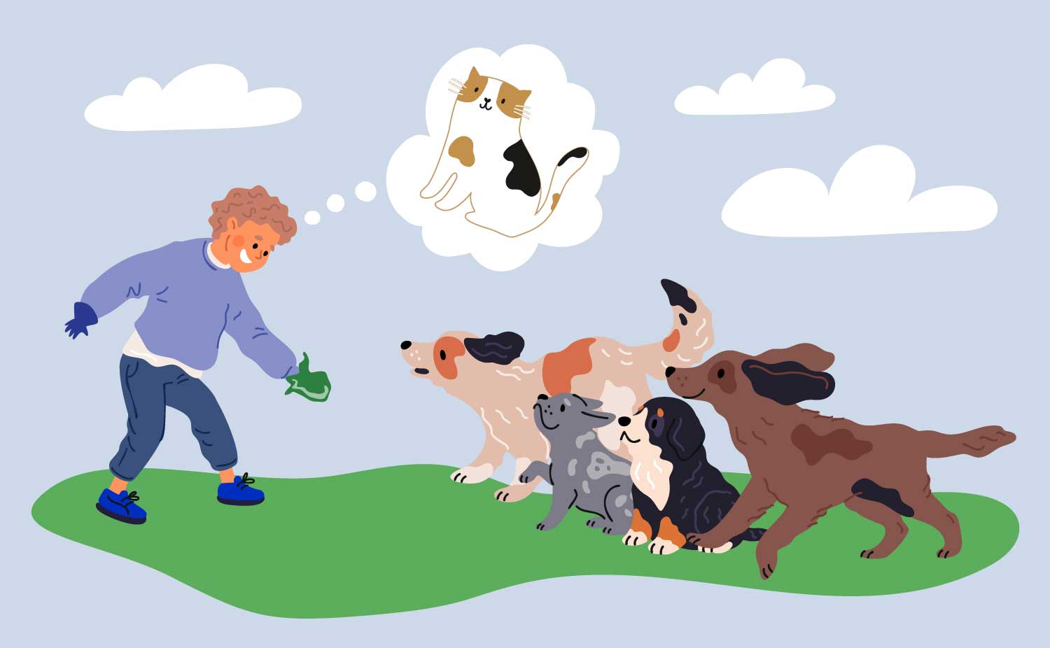 A group of dogs look at a boy who is holding a plastic bag and thinking about a cat.