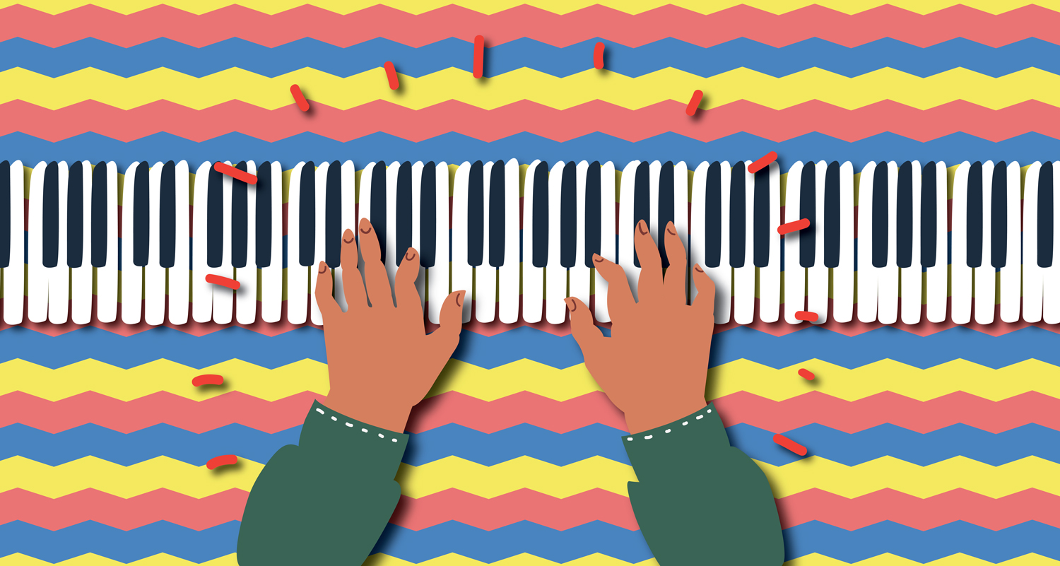 Two hands on a keyboard with a colorful background.