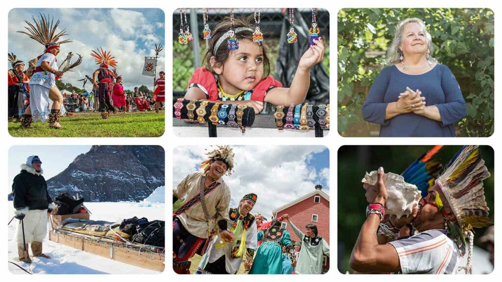 Indigenous people dancing, admiring beadwork, posing, using a sled, celebrating, and blowing into a shell.