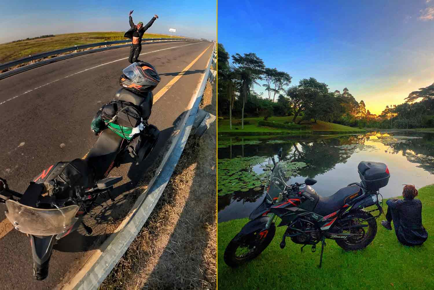 Udoh Ebaide Joy behind her motorcycle on a road with her arms in the air and Udoh Ebaide Joy sitting by a pod next to her motorcycle.