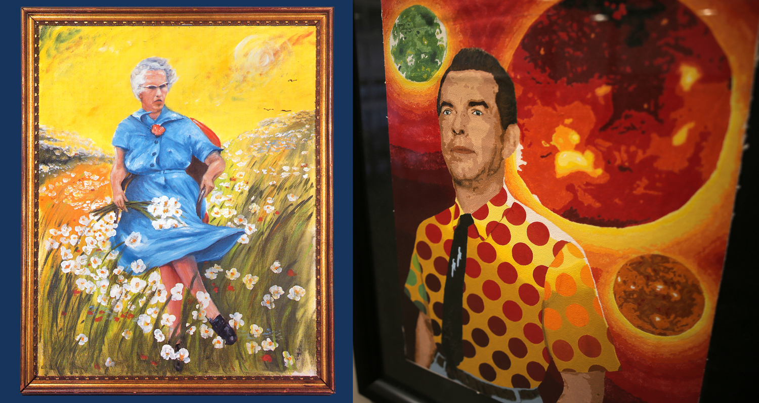 A painting of a woman in a daisy field next to a painting of actor Fred MacMurray with three suns.