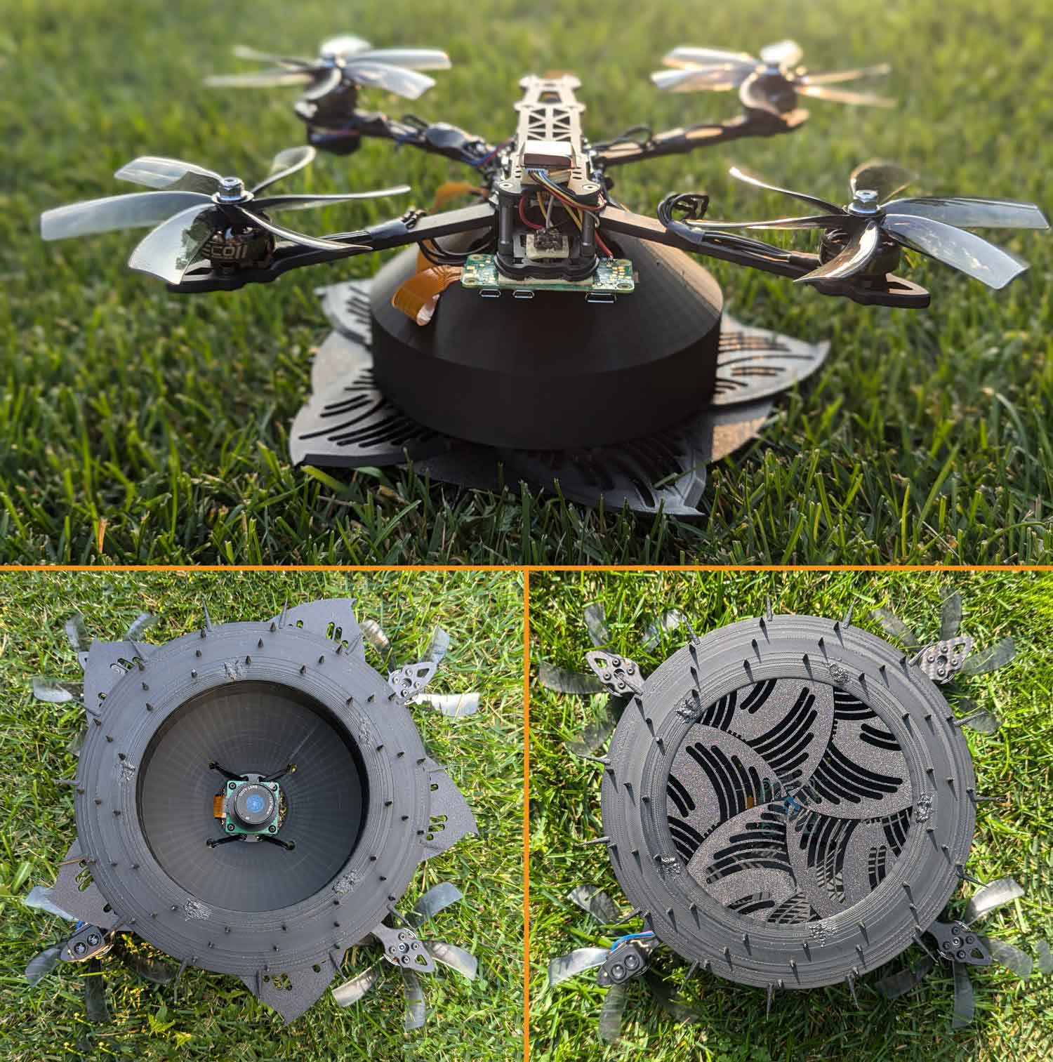 A view of the top of a drone and two views of the underside showing paddles opened and closed.