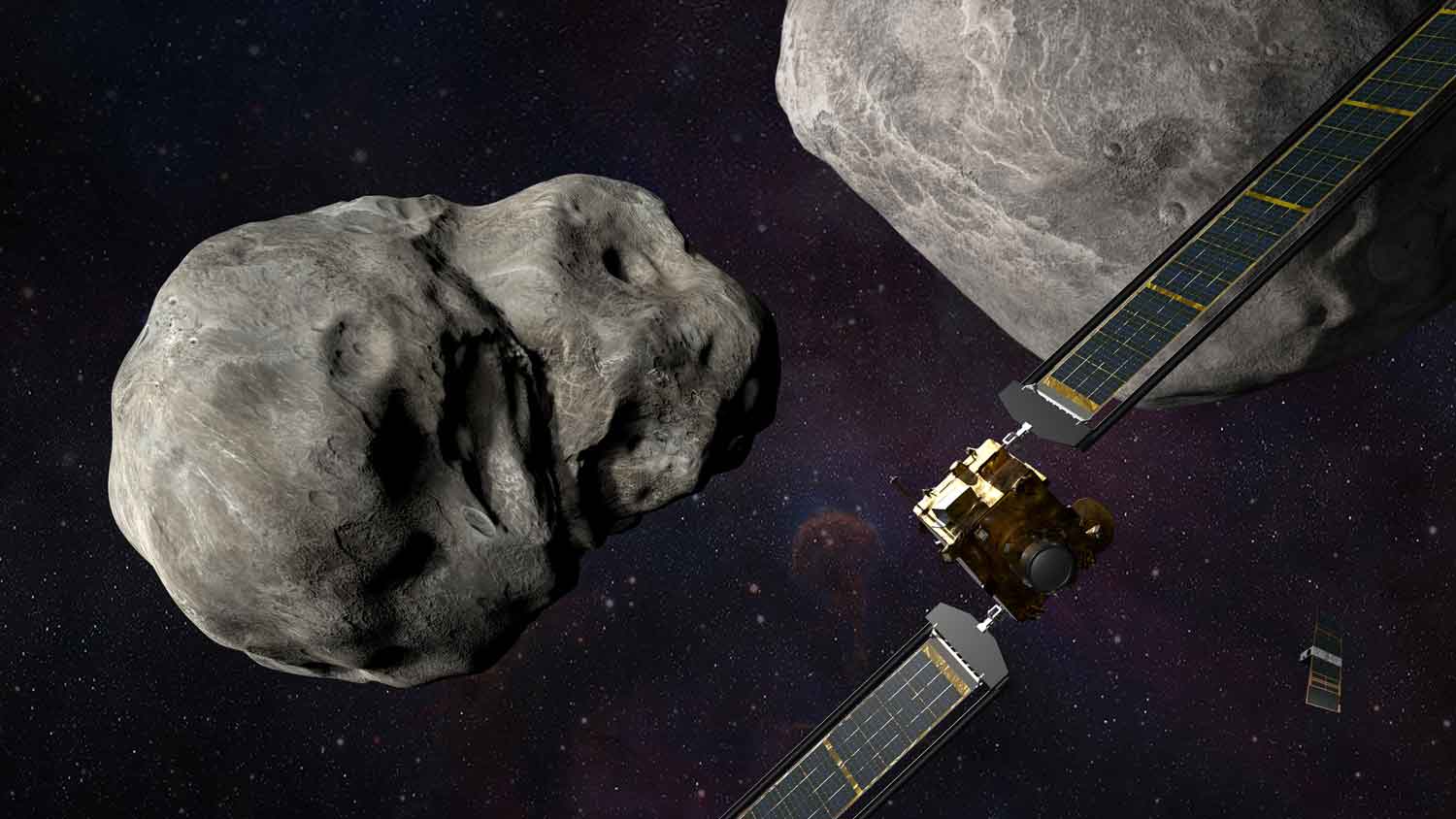 A spacecraft is approaching the asteroid Dimorphos and another asteroid.