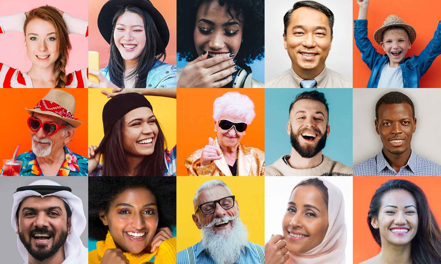 Fifteen smiling faces of different ages and ethnicities.