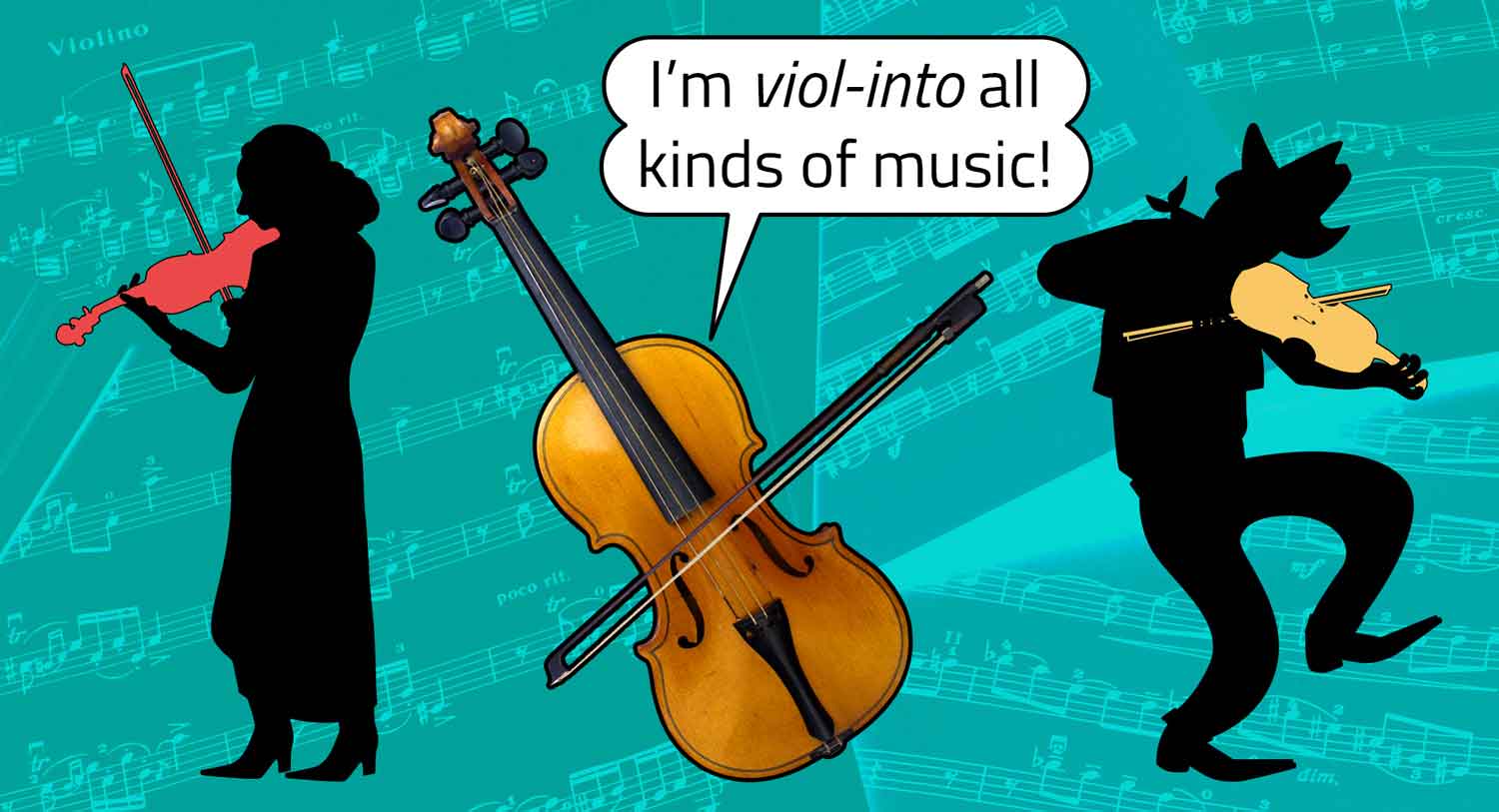 A violin says it is into all kinds of music as the silhouette of a classical musician and a bluegrass musician play their violins.