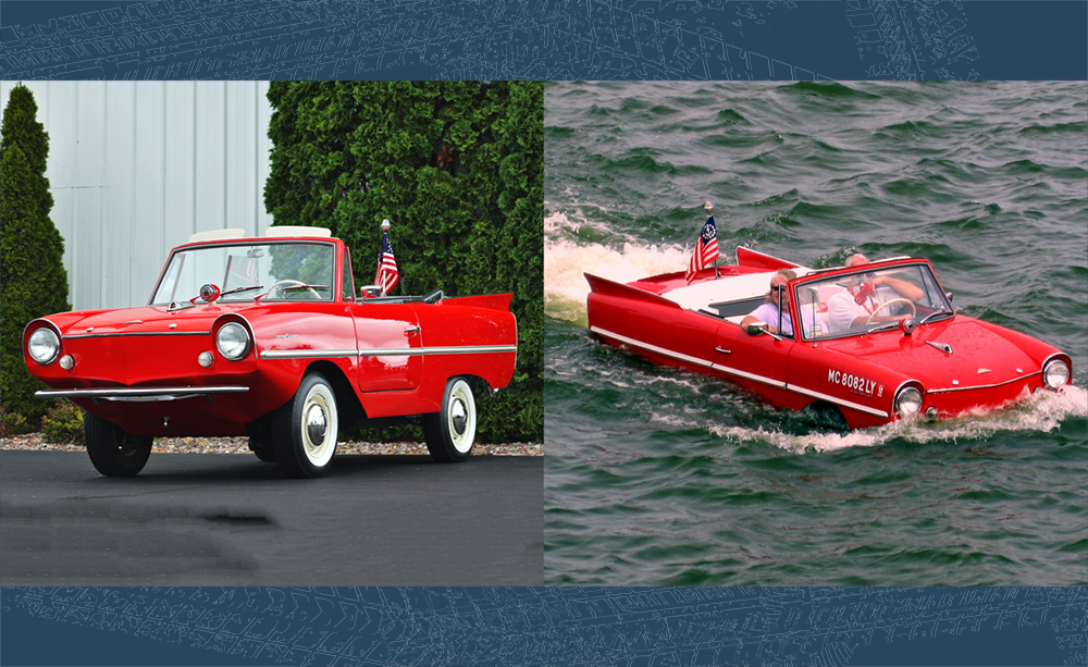 A red Amphicar in the water with passengers