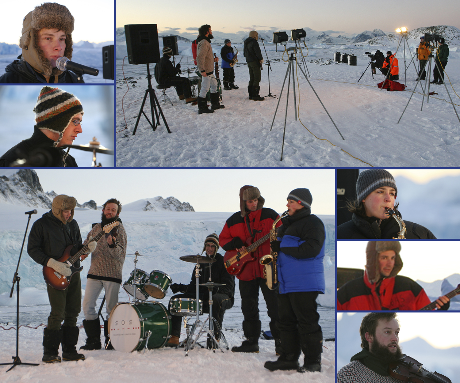 A collage of photos showing five musicians in winter clothing such as coats and hats performing with instruments on the icy, empty landscape of Antarctica.