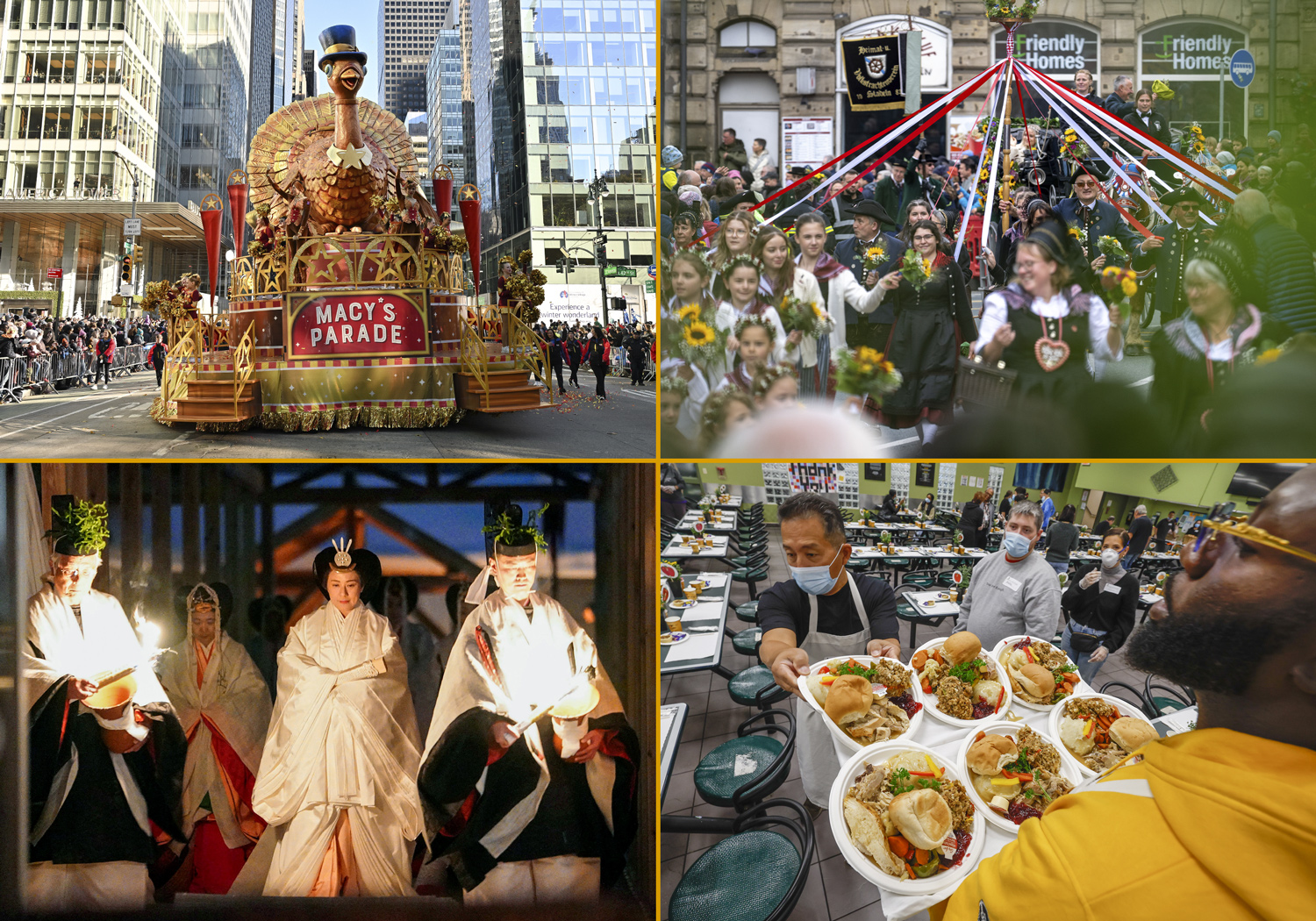 The turkey float at the Macy’s Thanksgiving Day Parade, an outdoor maypole dance with performers in traditional German clothing, people serving Thanksgiving meals at a soup kitchen, and Japan’s Empress Masako in traditional Japanese clothing.