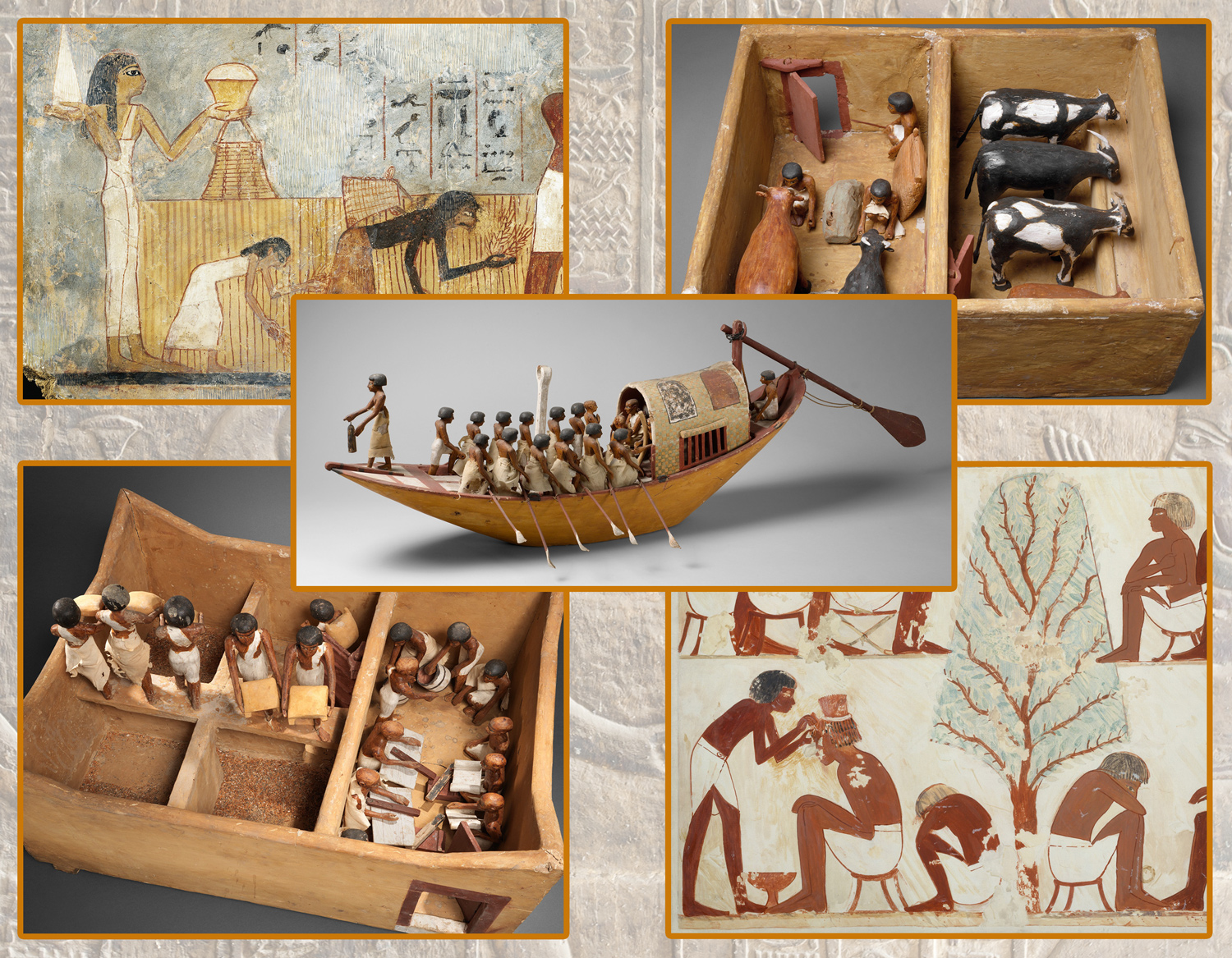 Ancient Egyptian art showing everyday life, including a wall painting of a woman bringing food to workers in the fields; a model of a stable; men waiting their turn to have their hair cut; a model of a granary; and a model of a riverboat.