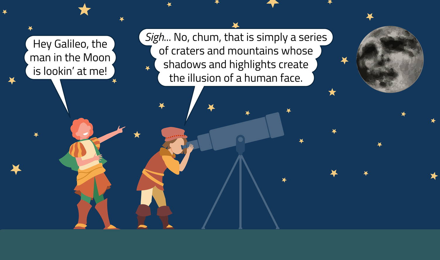 Teen Galileo in period clothing looks at the Moon through a telescope and tells his friend that the Moon’s craters make it look as if it has a face.