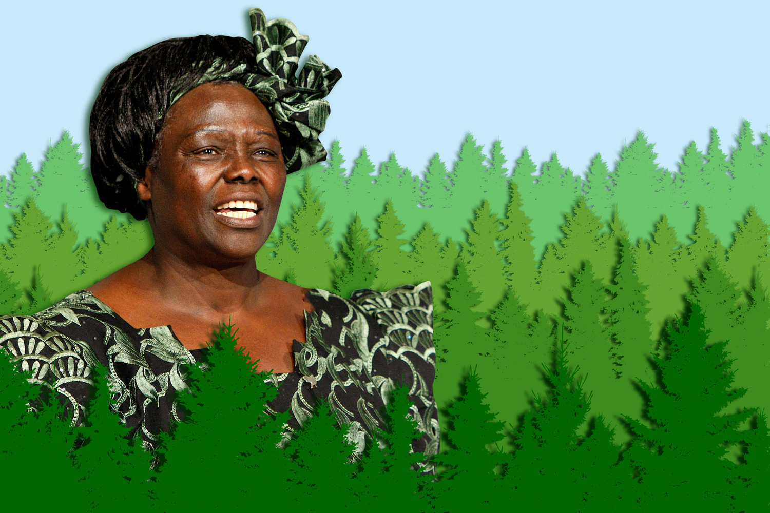 A photo of smiling Wangari Muta Maathai surrounded by illustrations of trees.