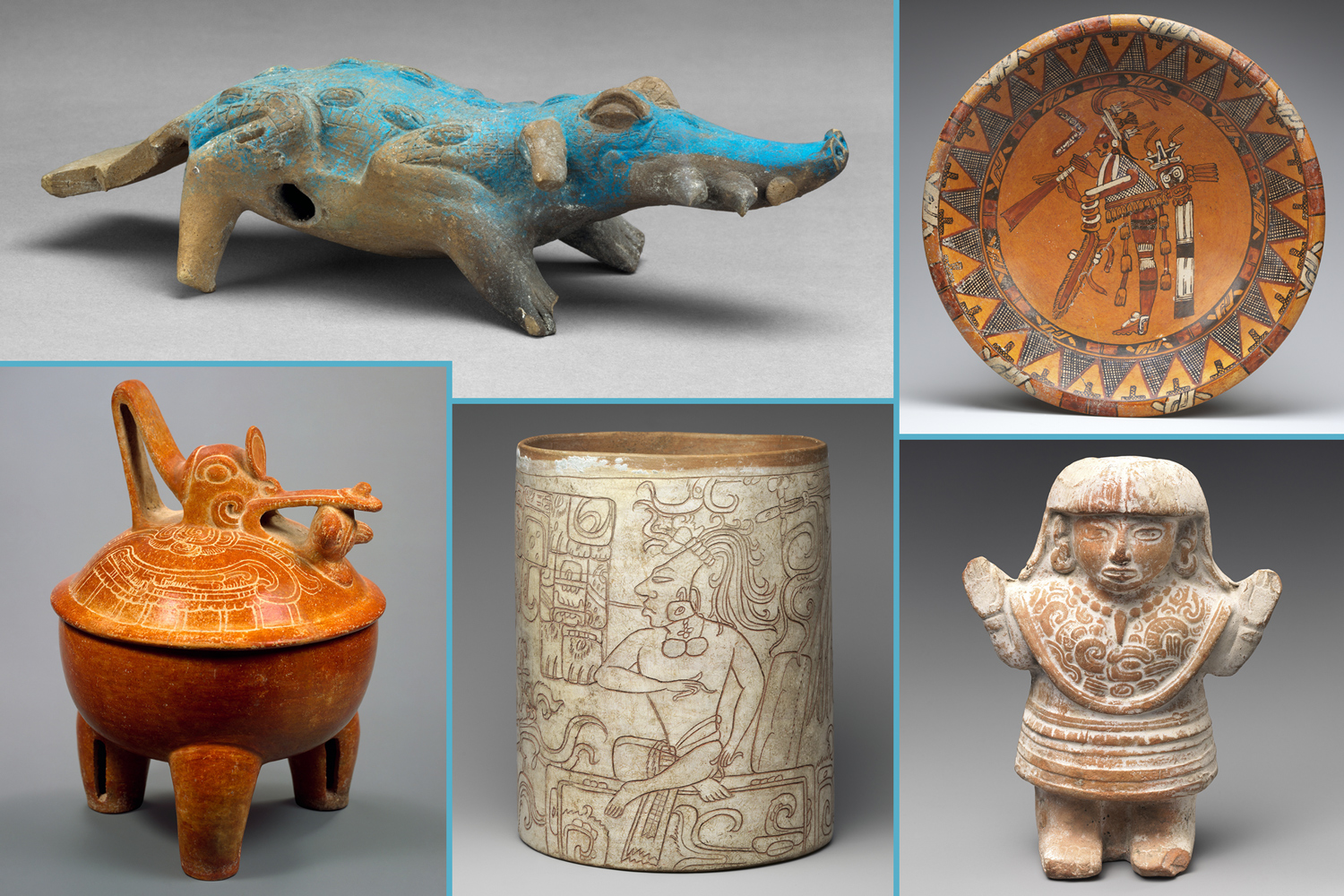 Five ancient objects include a rattle shaped like a crocodile, a plate with a trumpeter painted on it, a lidded bowl with carvings, a drinking vessel with carvings, and a rattle in the shape of a human.