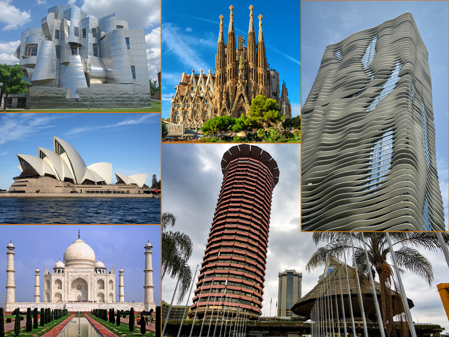 A collage shows famous buildings including the Frederick R. Weisman Art Museum, the Sydney Opera House, the Taj Mahal, the Sagrada Familia Cathedral, the Aqua Tower, and the Kenyatta International Convention Centre.