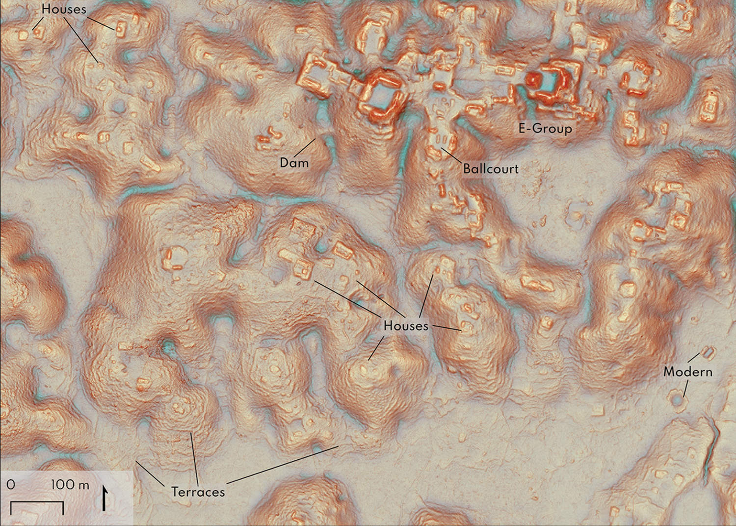 A lidar image of an ancient city with houses, terraces, a ballcourt, and other features labeled.