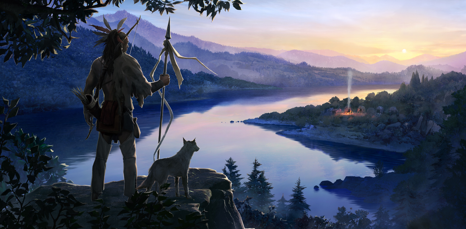 A Shawnee man and a dog stand on a high cliff and look over a hilly landscape and a river.