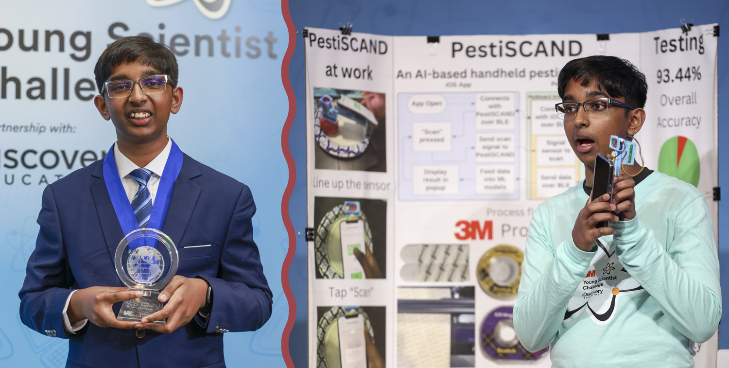 Side by side photos of Sirish Subash holding a plaque and holding up his invention in front of a poster showing information about it.