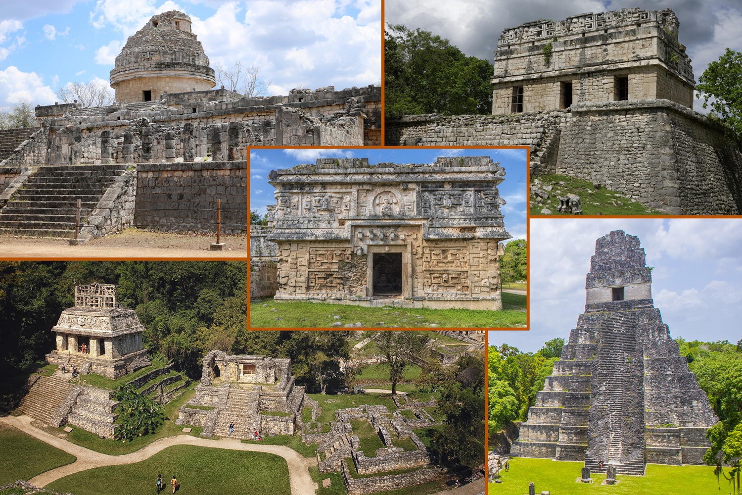 A collage shows five surviving buildings from the Maya civilization.