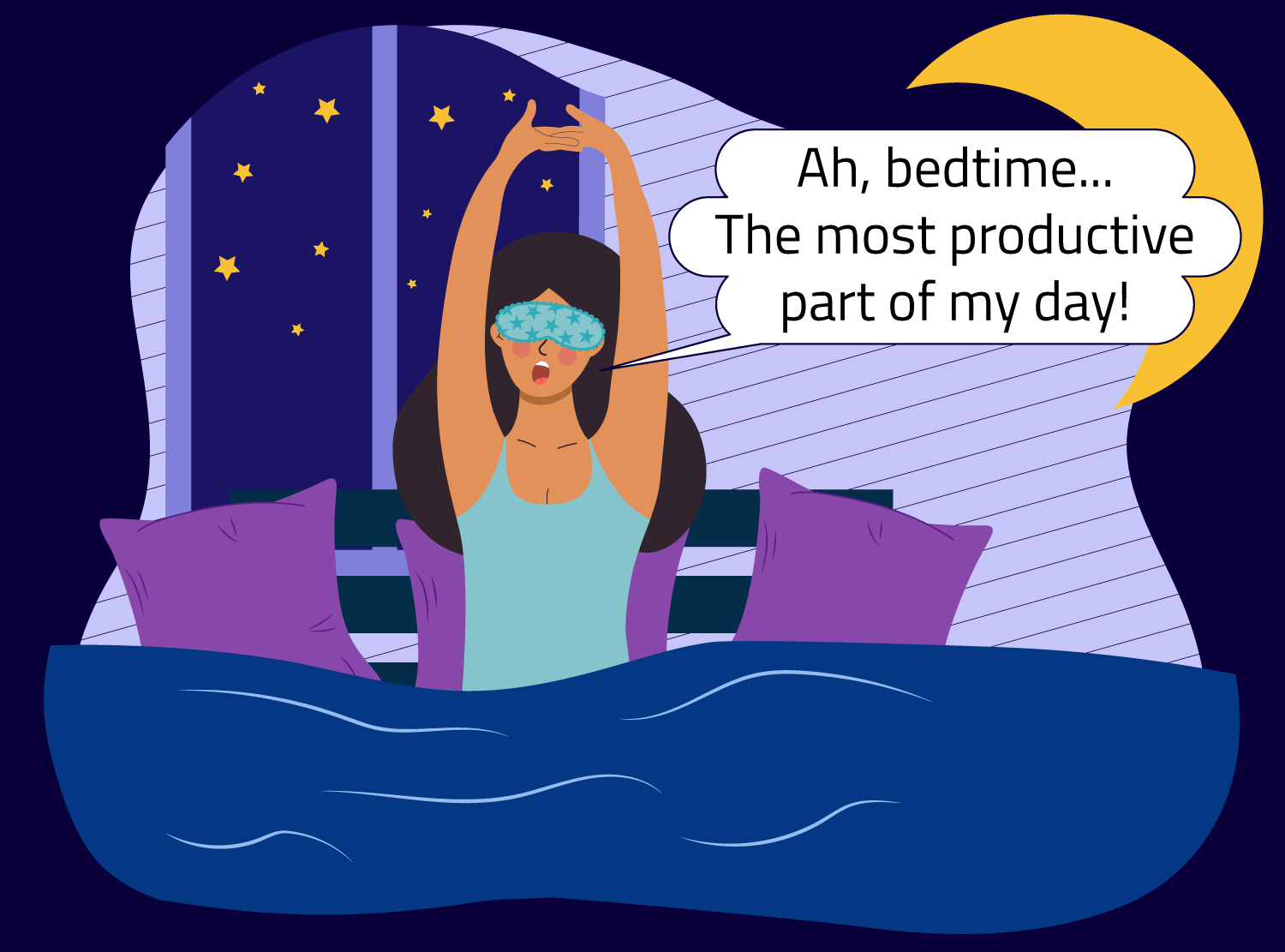 A woman wearing a sleep mask stretches in bed and says sleep is the most productive part of her day.