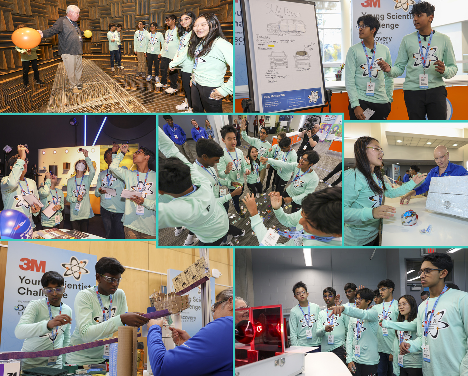 Seven photos show middle school students in matching shirts collaborating with one another and working with mentors.