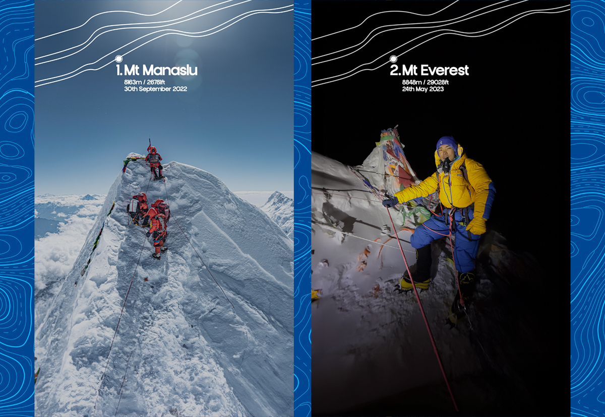 Side by side photos show Nima’s expedition team reaching the summit of Mount Manaslu and Nima climbing Mount Everest.