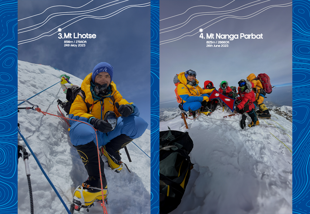 Side by side photos show Nima posing at the top of Mount Lhotse and Nima and his team posing at the top of Mount Nanga Parbat.