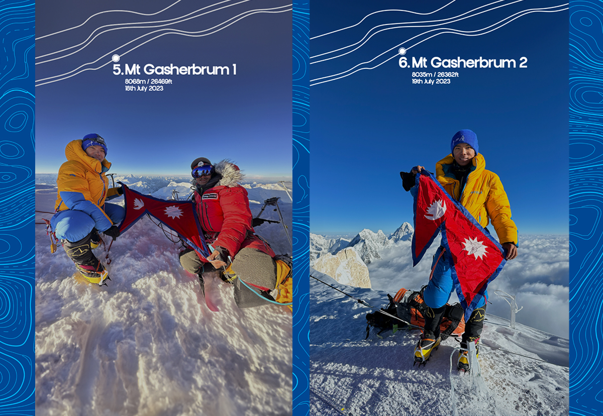 Side by side photos show Nima and a climbing partner holding the Nepalese flag at the summits of Mount Gasherbrum I and II.