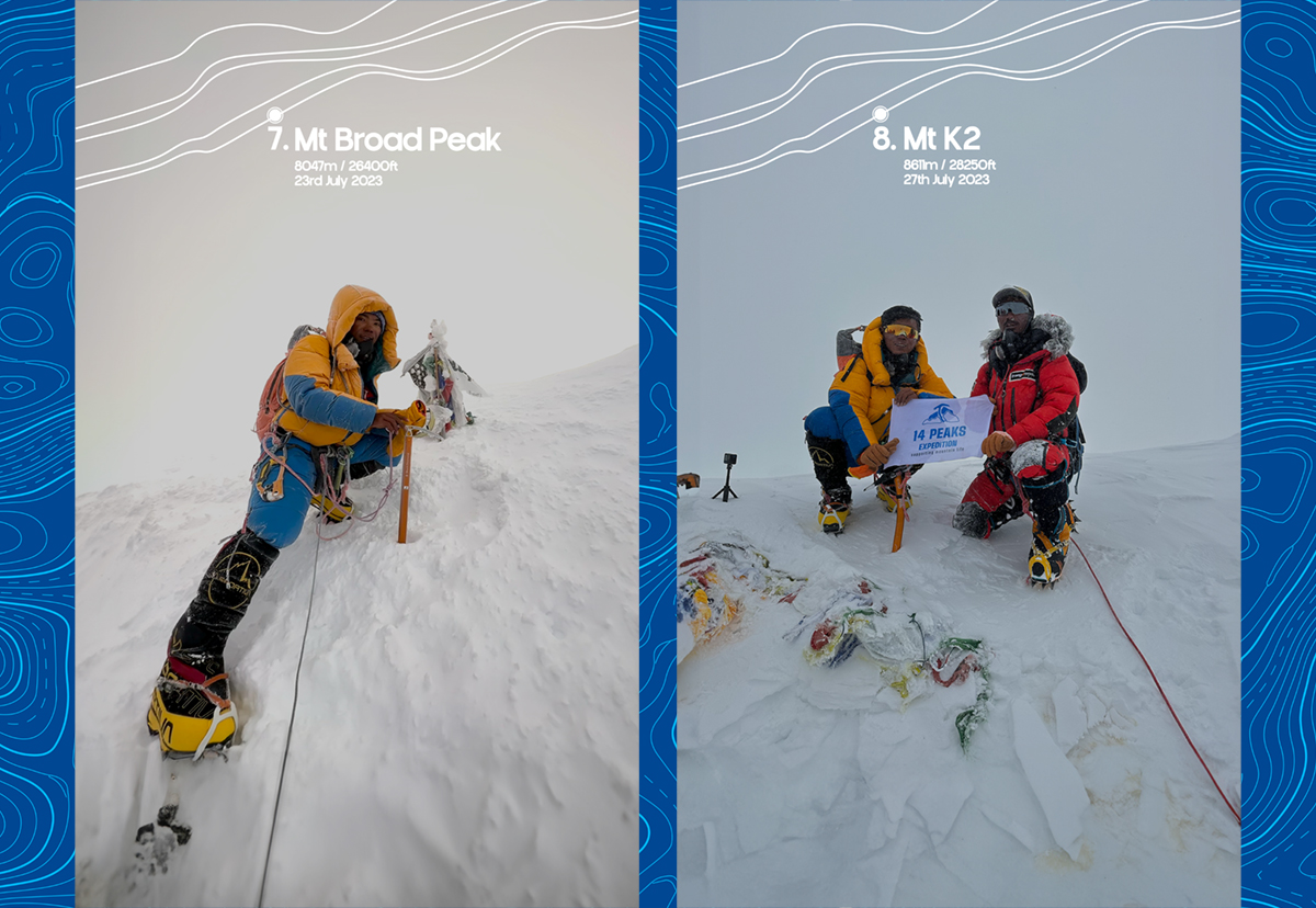 Side by side photos show Nima posing at the top of Mount Broad Peak and Nima and a partner posing at K2.