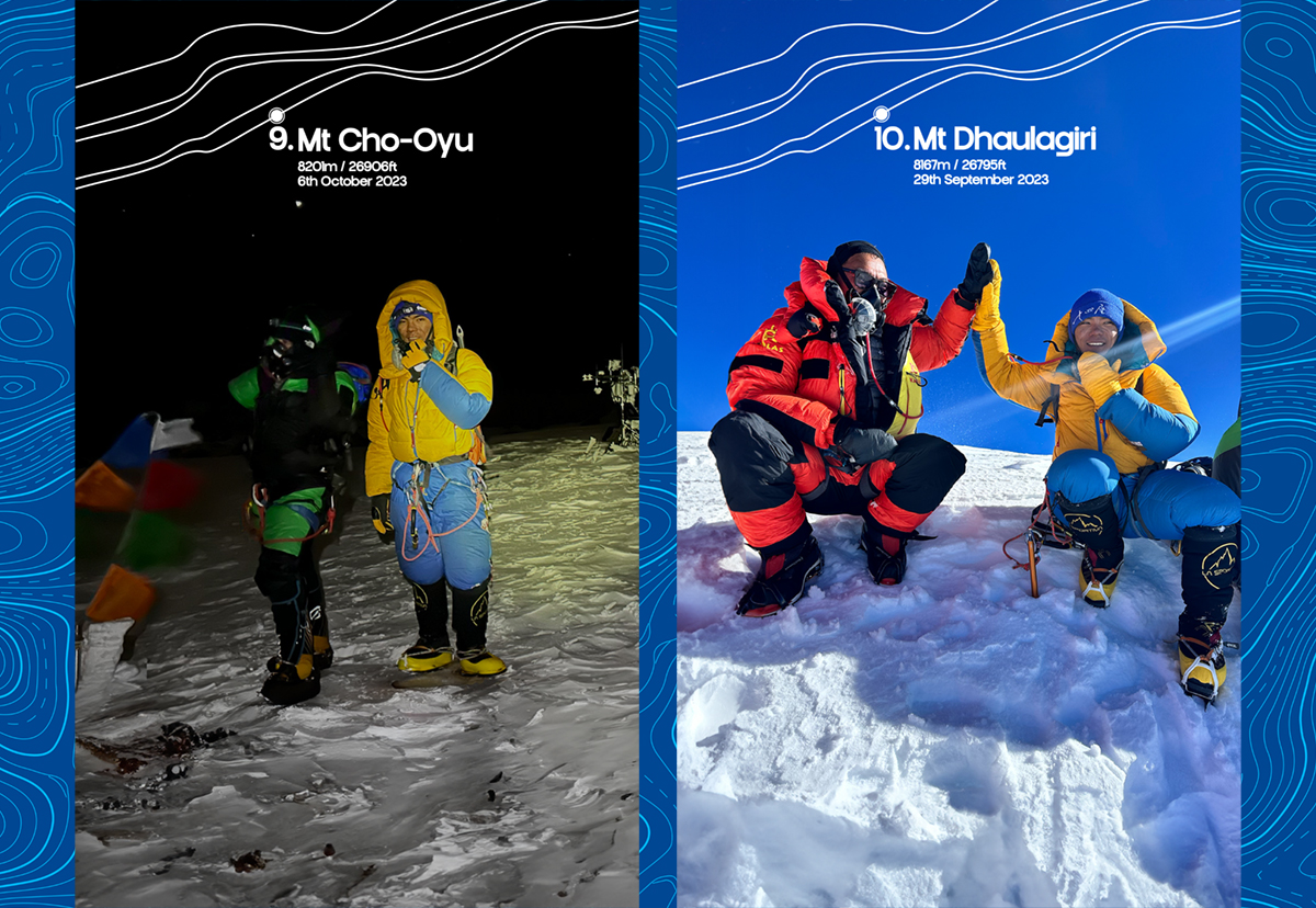 Side by side photos show Nima and climbing partners at the peaks of Mount Cho-Oyu and Mount Dhaulagiri.