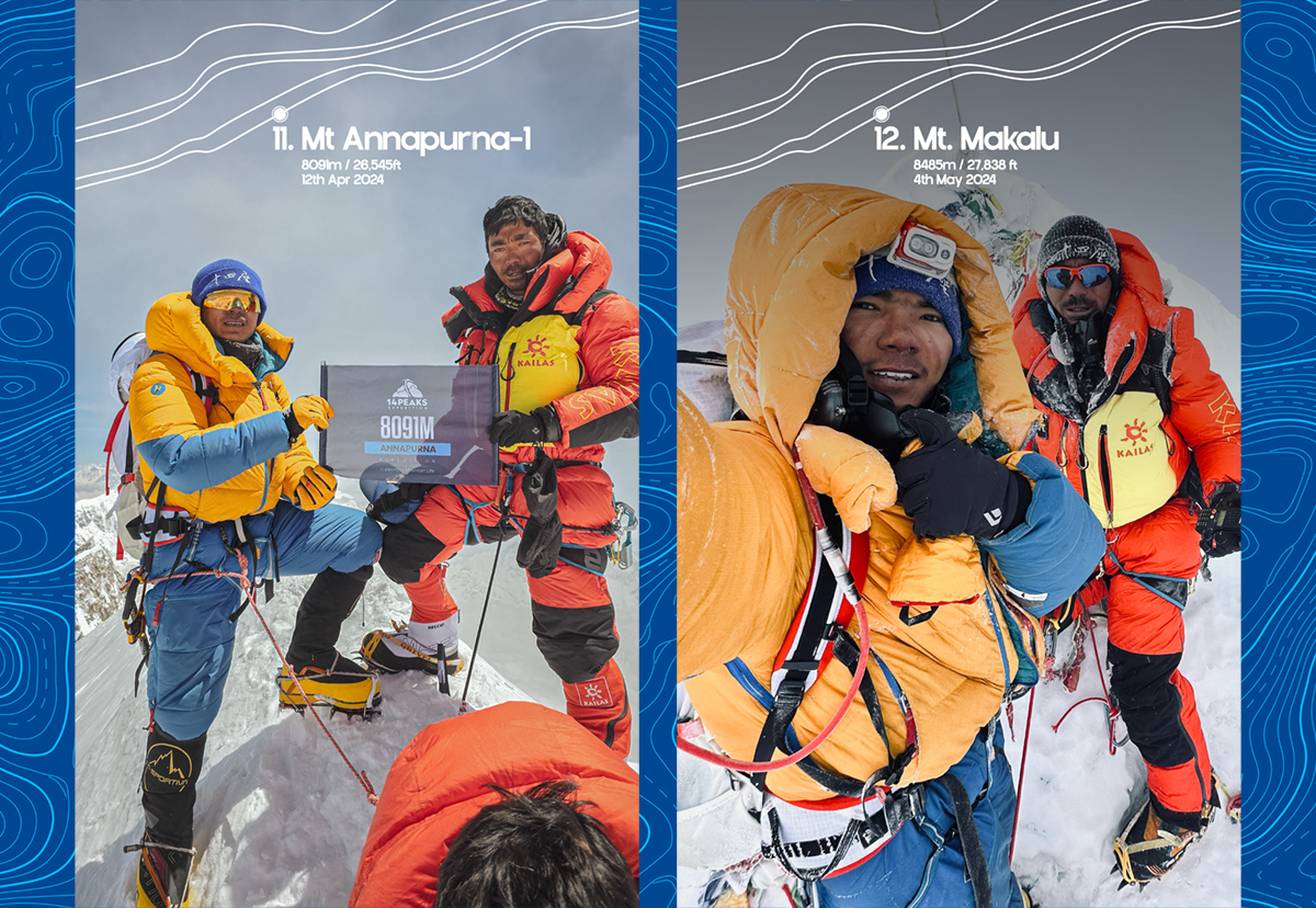 Side by side photos show Nima and a climbing partner at the top of Mount Annapurna and at the top of Mount Makalu.