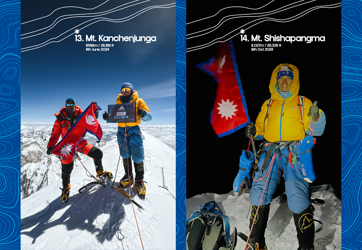 Side by side photos show Nima and a climbing partner holding a Nepalese flag at the top of Mount Kanchenjunga and Nima holding the flag at the top of Mount Shishapangma.