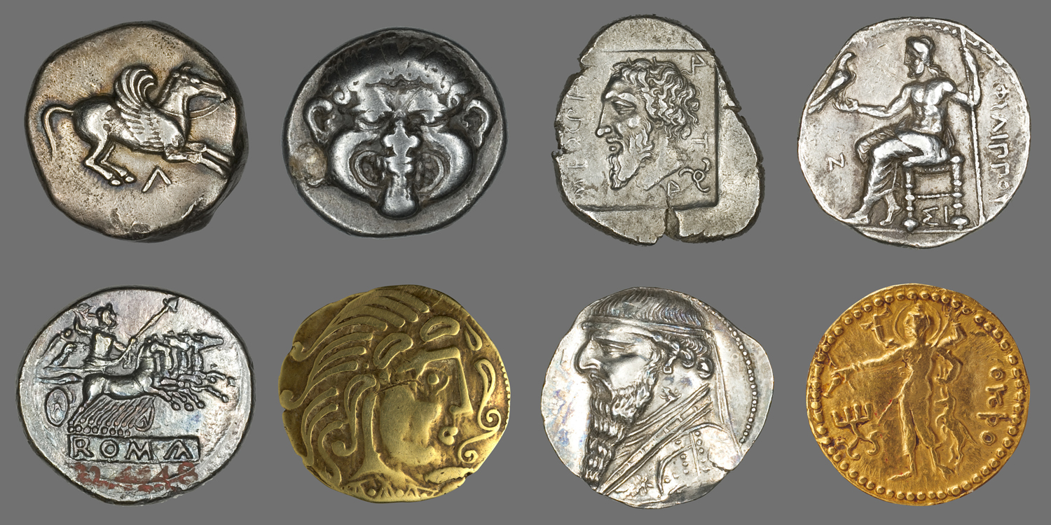 Eight coins dating back to ancient civilizations.