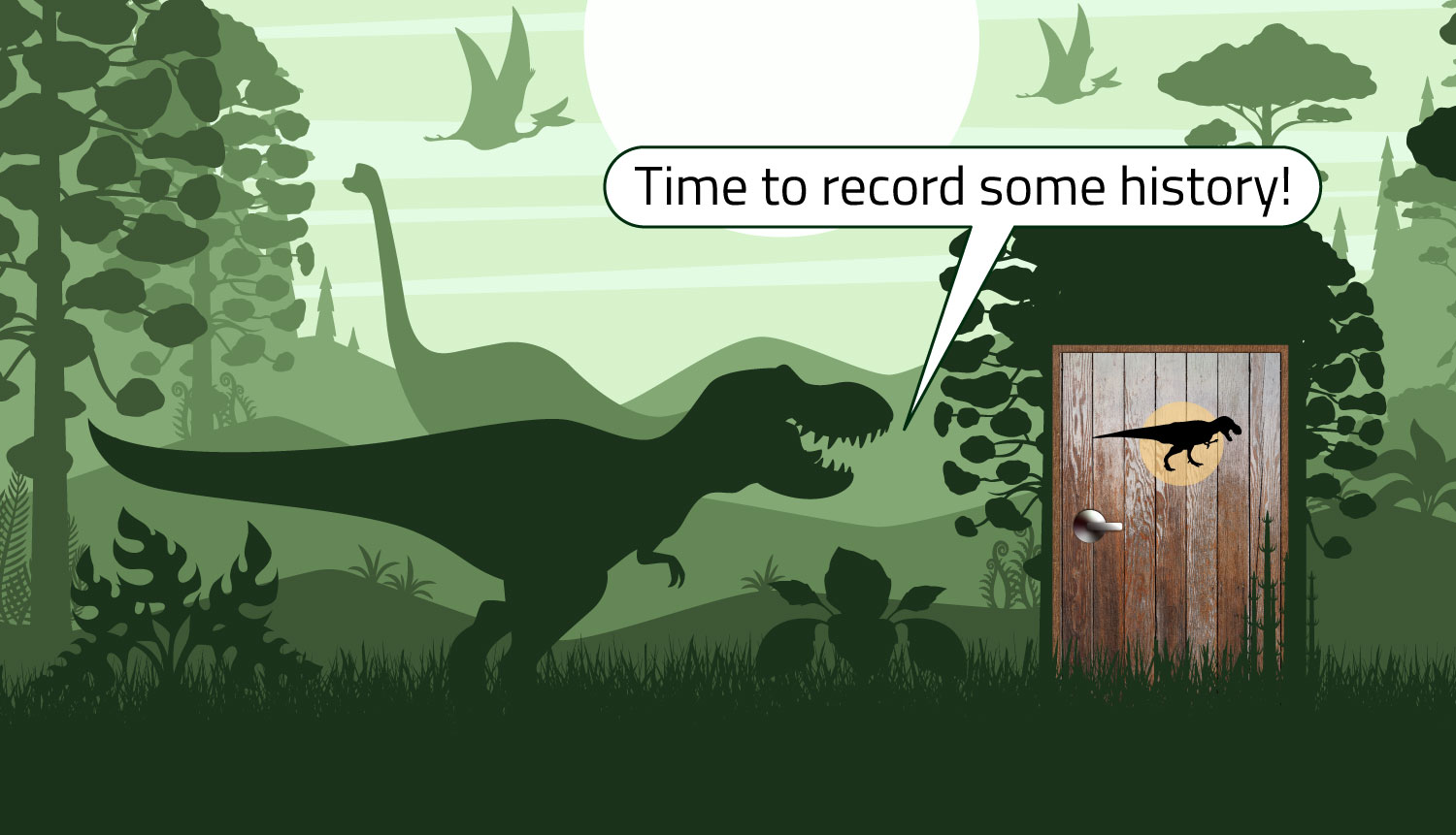 A tyrannosaurus prepares to use a bathroom and says it is time to record some history.