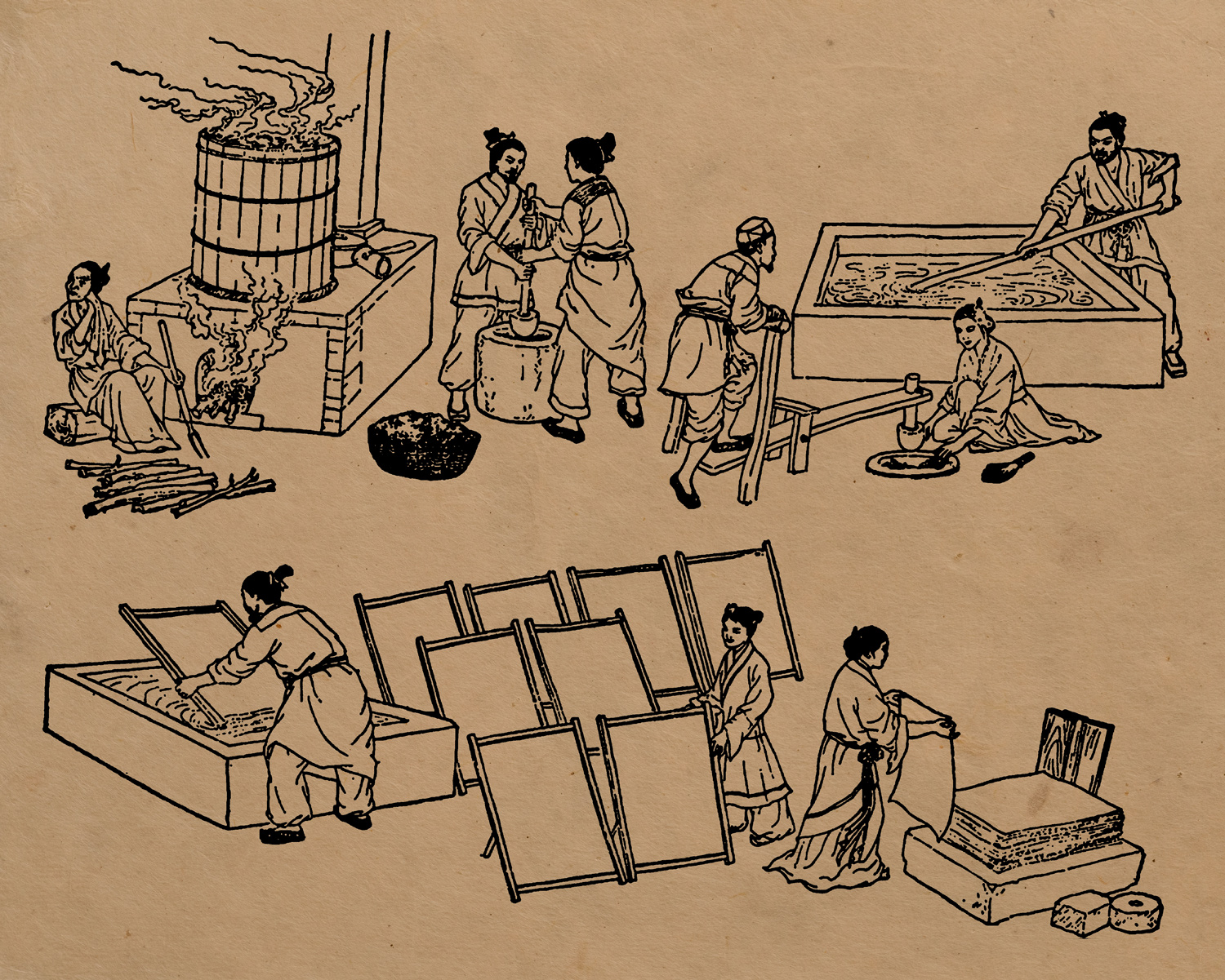 An illustration shows people in ancient China going through the different stages of papermaking.