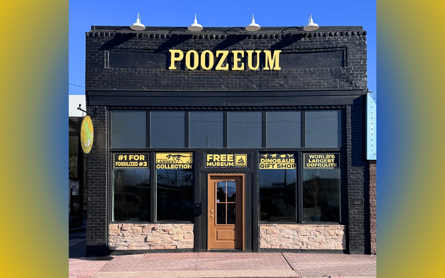 Exterior of the Poozeum is a storefront with a sign that says Poozeum.