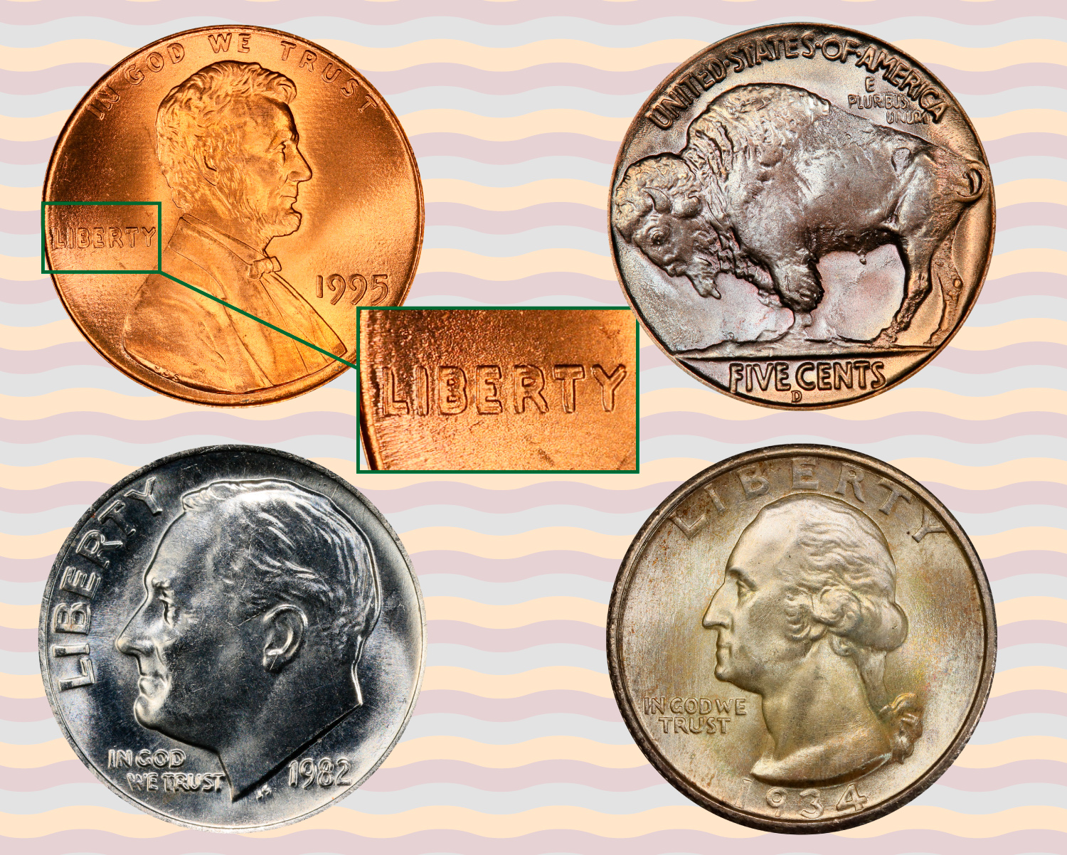 A 1995 double die penny, a 1937 three-legged buffalo nickel, a 1982 Roosevelt dime with no mint mark, and a 1936 quarter.