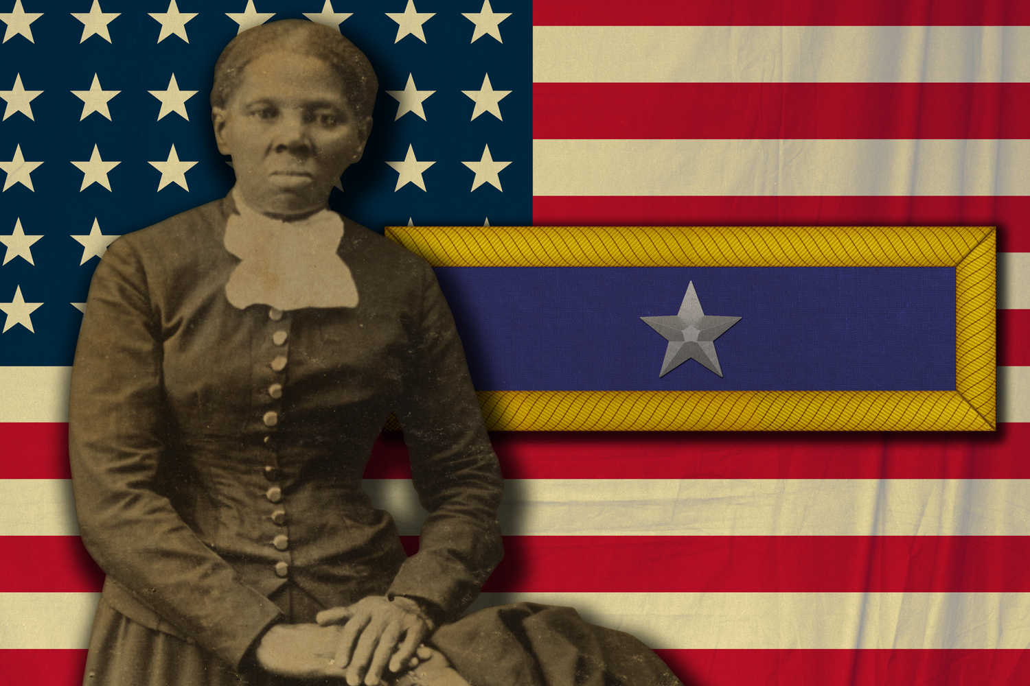 Harriet Tubman in front of a 35-star US flag and a Union Army Brigadier General star.