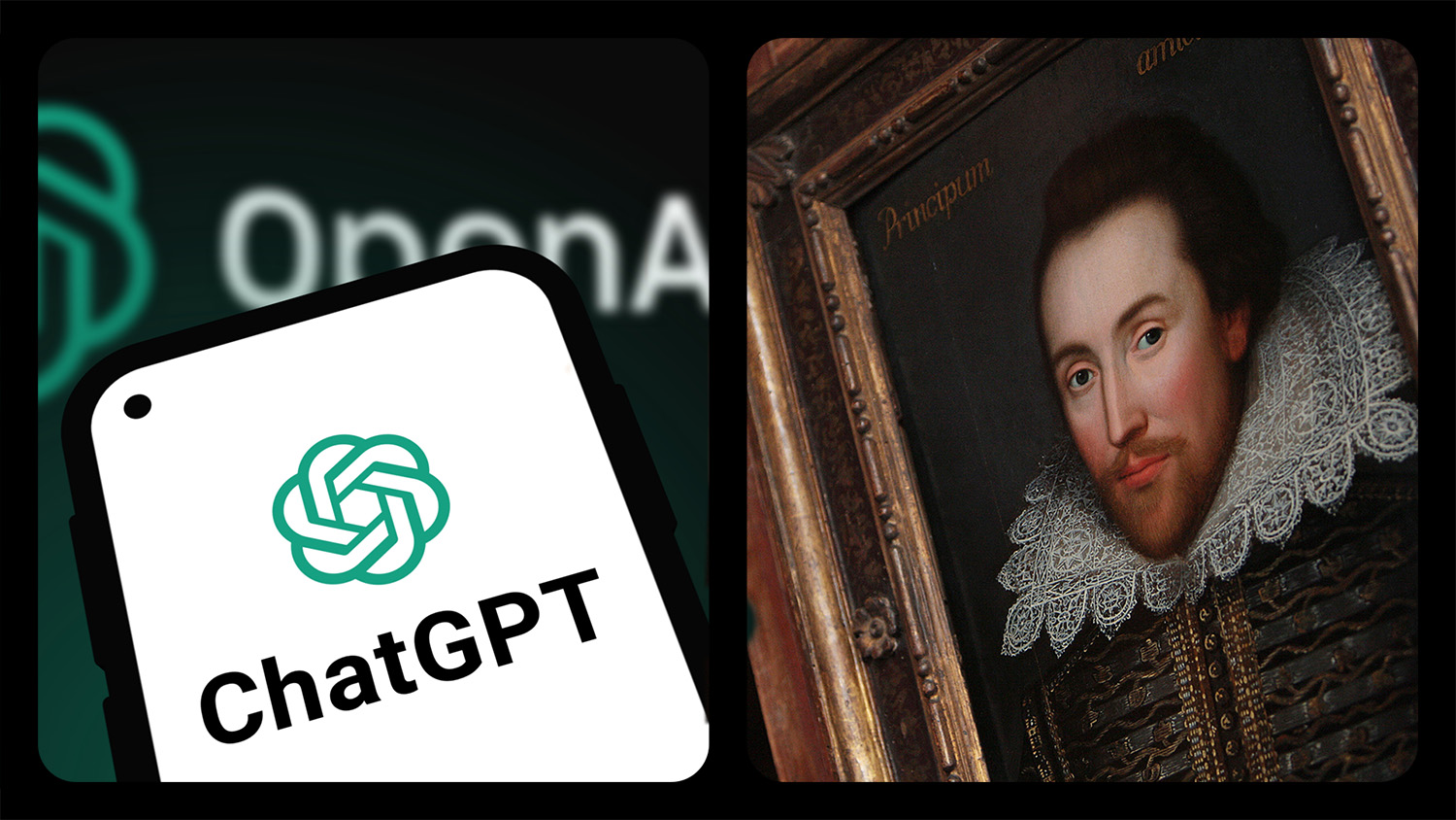 Side by side of a painting of Shakespeare’s face and a phone displaying the ChatGPT logo.