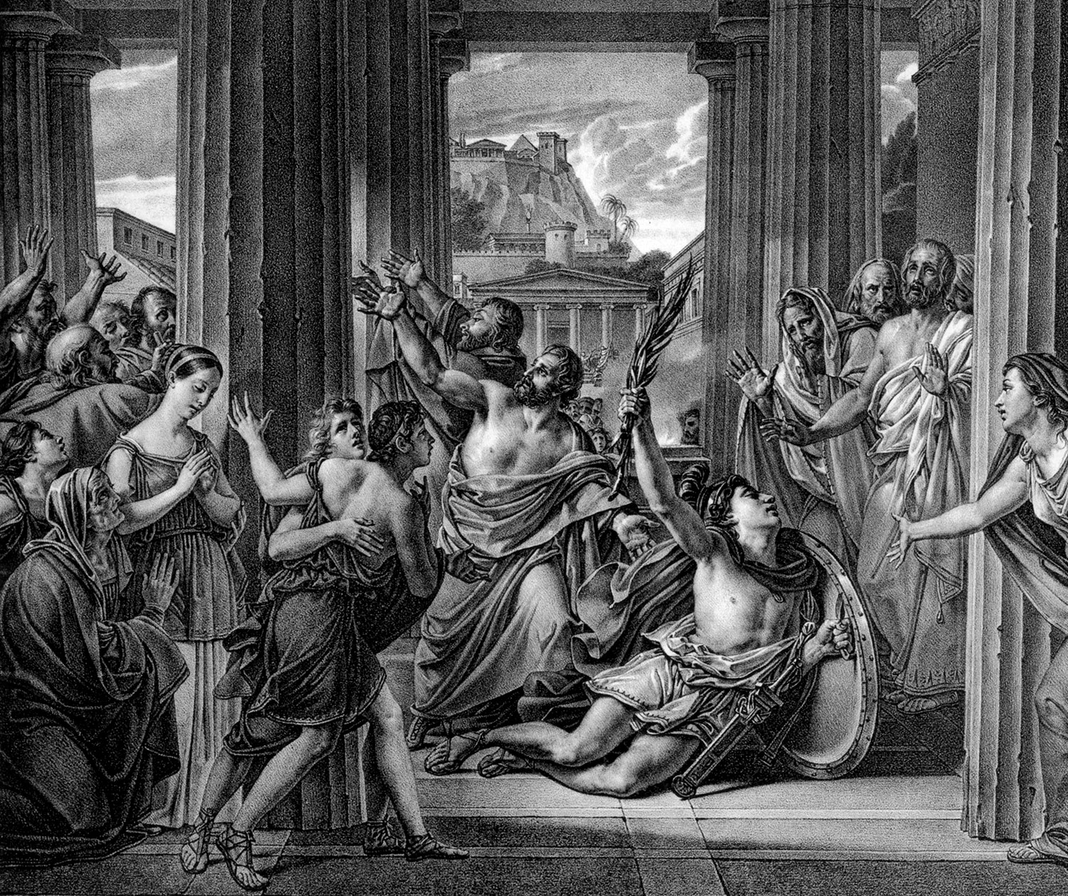 Pheidippides has collapsed upon his return to Athens and is surrounded by people with ancient Greek buildings in the background.